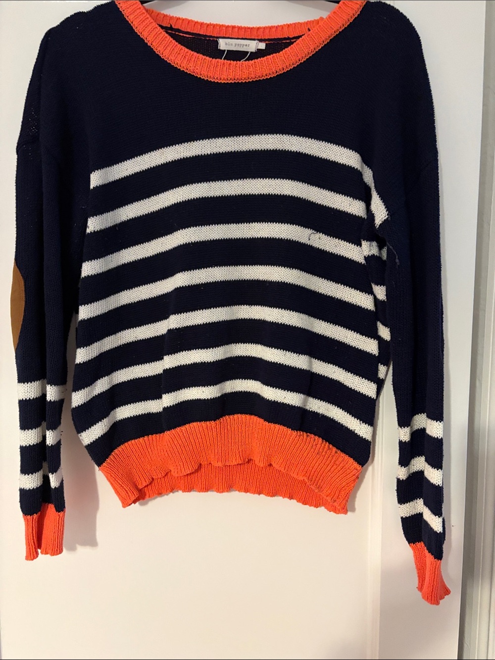 Blu Pepper Navy & White Striped Sweater with Orange Trim